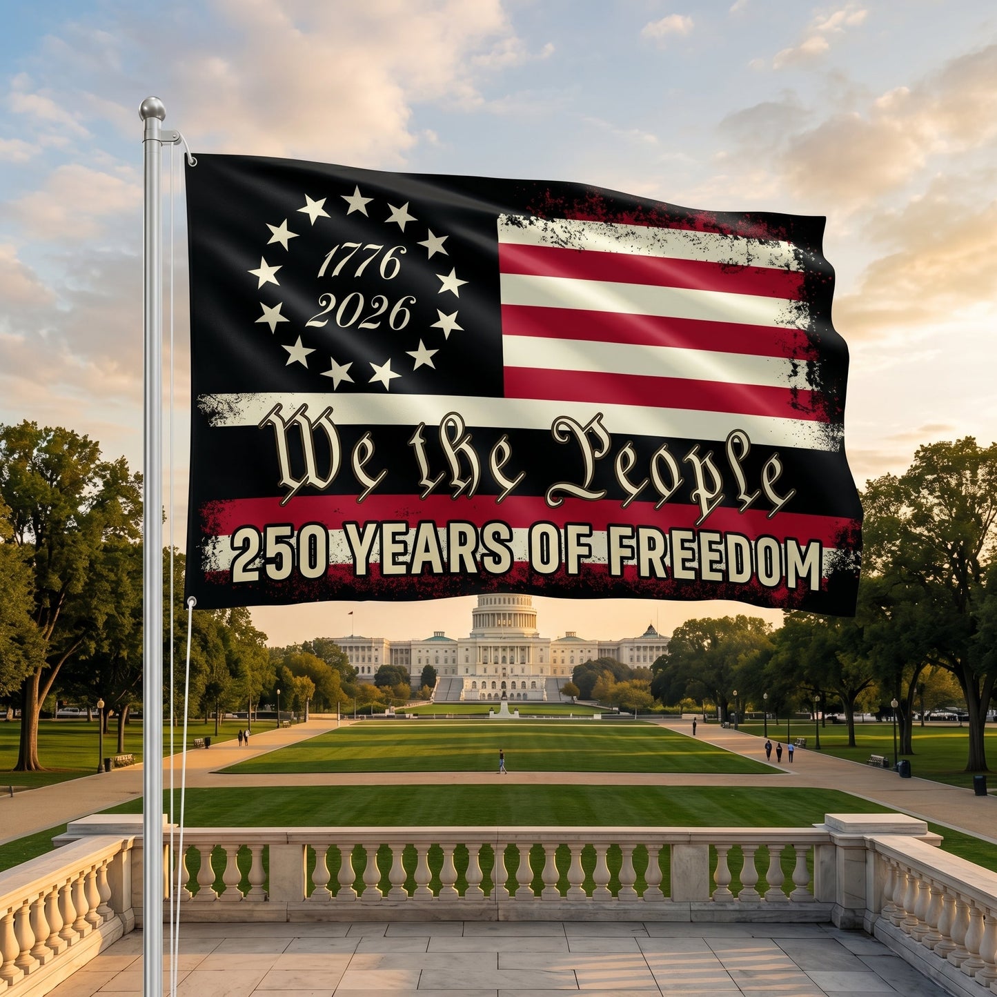 America 250th Anniversary 1776 2026 Semiquincentennial We The People Patriotic Grommet Flag